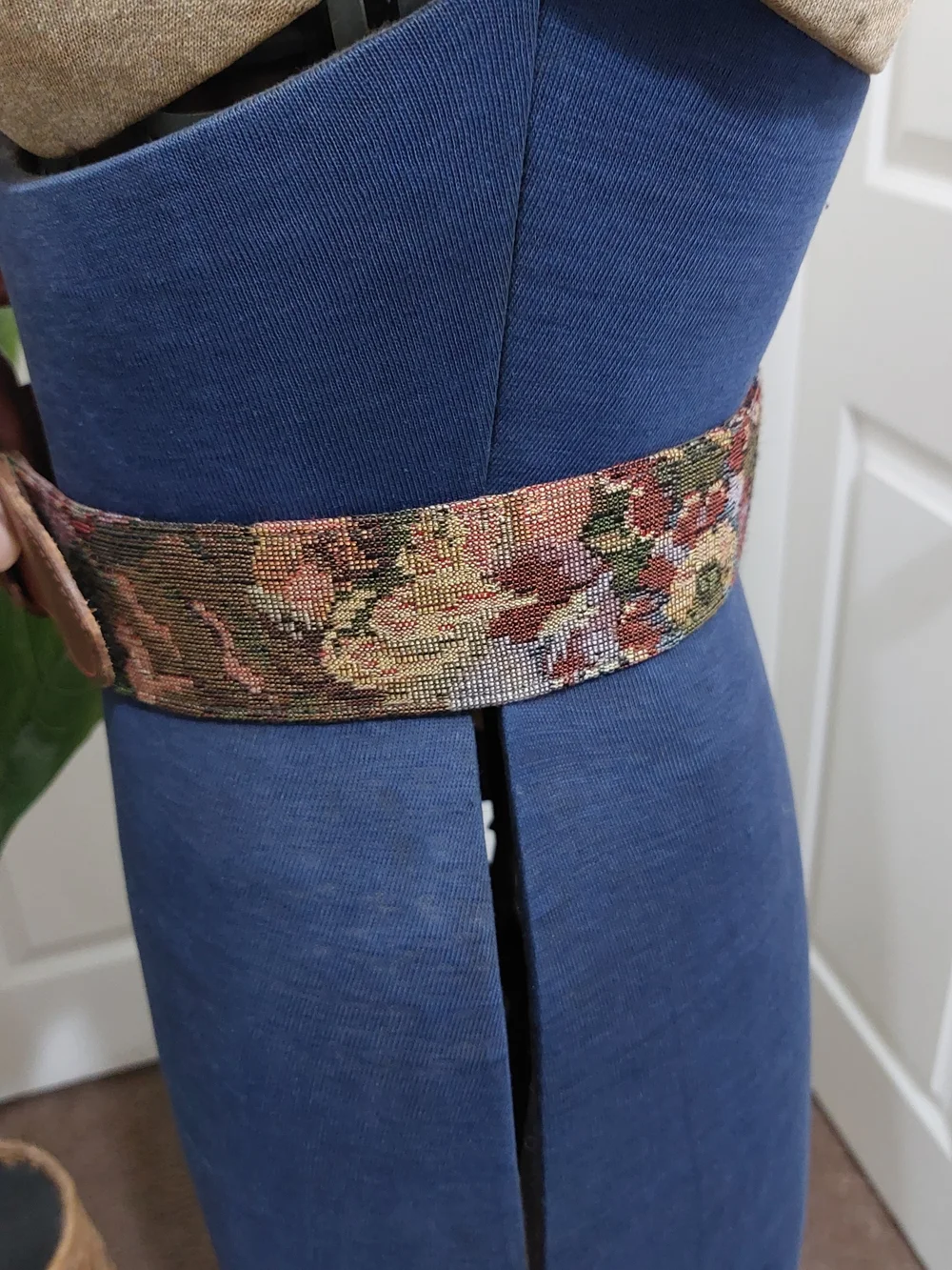 Ralph Lauren Brown Leather Buckle Belt with Multicolor Woven Tapestry Panel